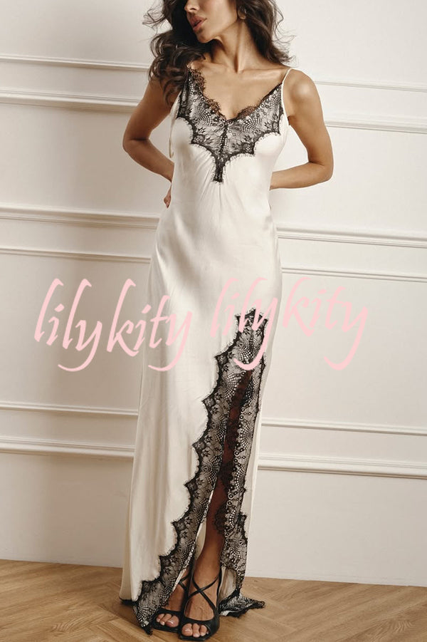 Elegant Splicing Lace Suspenders V-neck Sexy Slit Maxi Dress