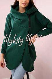 Solid Color Loose Hooded Zip-up Casual Sports Jacket