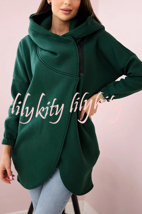 Solid Color Loose Hooded Zip-up Casual Sports Jacket