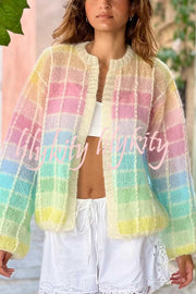 Palette Day Knit Color Blocks Open Front Balloon Sleeve Loose Cardigan