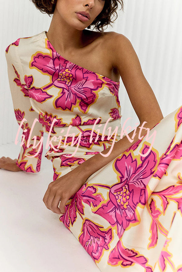 Rhia Satin Floral Print One Shoulder Flared Maxi Dress