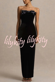 Illusion Velvet Bandeau neck Bow detail Stretch Maxi Dress