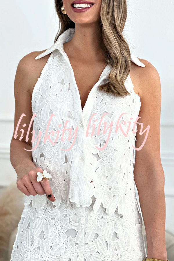 Delighted Embroidery Floral Hollow Lace Shirt-neck Vest and Wide Leg Pants Set