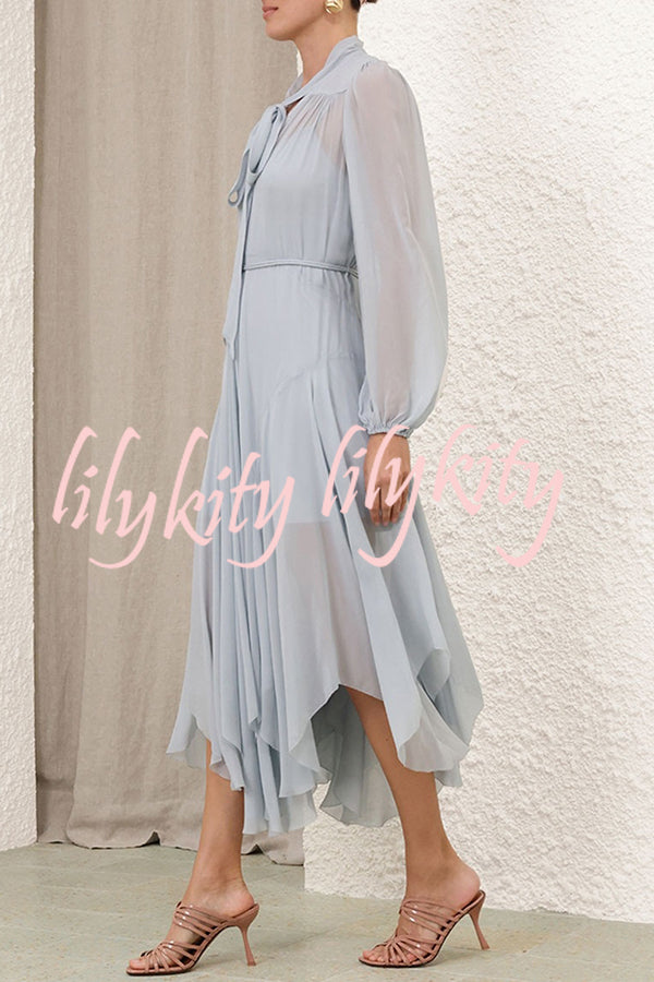 Elegant and Graceful Tie-up Neck Long Balloon Sleeve Handkerchief Midi Dress