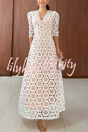 Best Day Ever Crochet Floral Lace Puff Sleeve Lined Maxi Dress