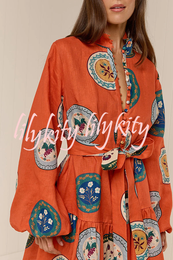 Linen Blend Unique Print Tie Waist Loose Mini Dress