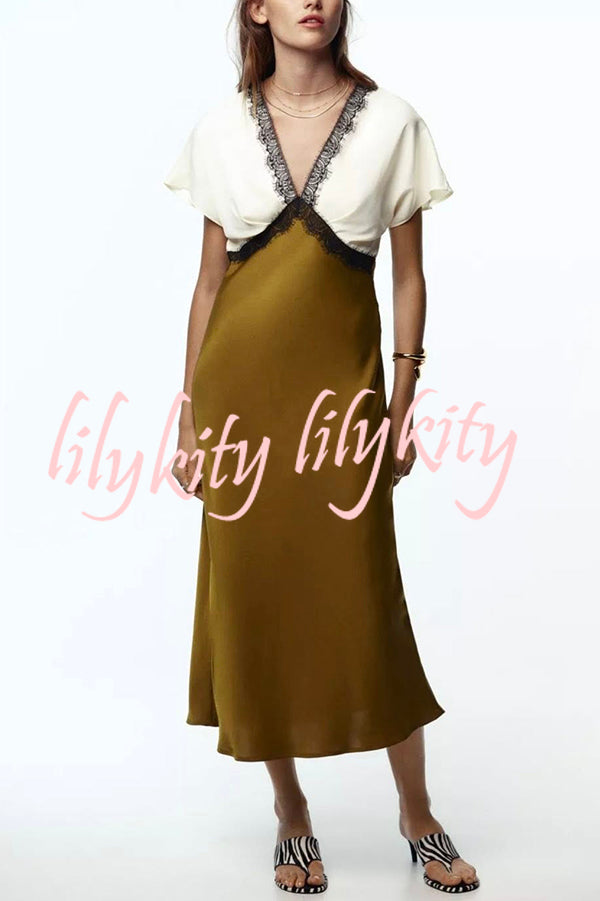 Fashionable Contrast Color V-neck Lace Stitching Maxi Dress