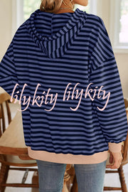 Striped Print Long Sleeve Pocket Loose Hoodie