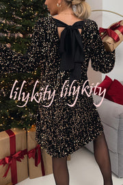 Velvet Sequin Back Bow Bell Sleeves Loose Mini Dress