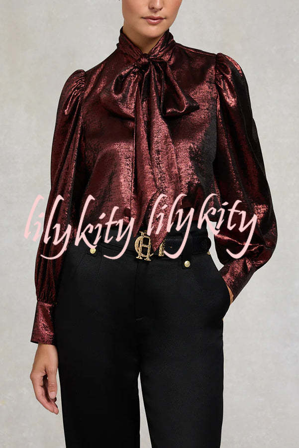 Ariella Metallic Satin Fabric Tie-up Bow Neck Long Sleeve Blouse