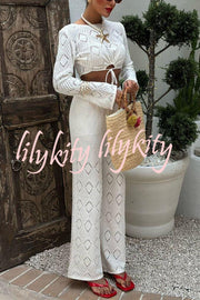 Solid Color Hollow Short Long-sleeved Top and Casual Stretch Wide-leg Pants Knitted Set
