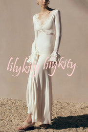 Fashion Lace Splicing Sexy V-neck Long-sleeved Slim Maxi Dress