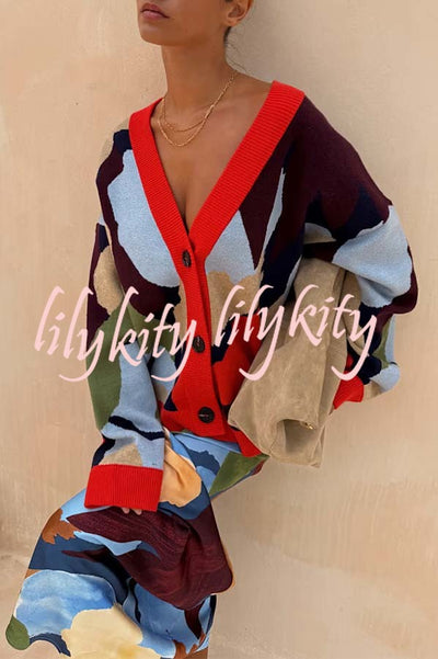 Bright and Bold Knit Abstract Color Blocks Button Long Sleeve Loose Cardigan