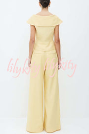 Velena Linen Blend Button Up Lapel Top and High Rise Pocket Wide Leg Pants Set