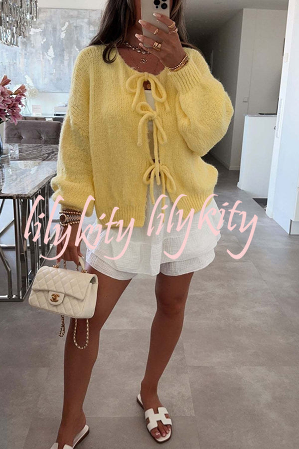 Solid Color Long-sleeved V-neck Lace-up Loose Knitted Sweater