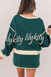 Fashion Round Neck Long Sleeve Spliced Casual Top and Elastic Waist Loose Shorts Set