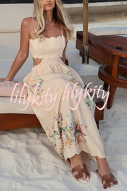 Cabo Sunsets Floral Print Petal Trim Back Lace-up Midi Dress