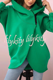 Solid Color Loose Hooded Zip-up Casual Sports Jacket