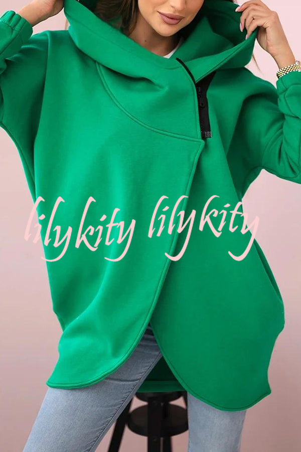 Solid Color Loose Hooded Zip-up Casual Sports Jacket