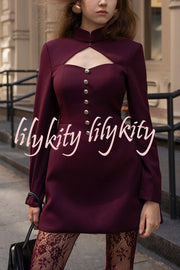 Elegant Long-sleeved Hollowed-out Button-down Slim-fit Mini Dress