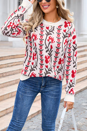 Fashionable Floral Knitted Crew Neck Casual Sweater