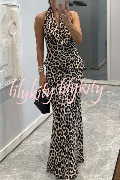 Wild Sexy Leopard Print Halter Cowl Neck Top and Elastic Waist Flare Maxi Skirt Set