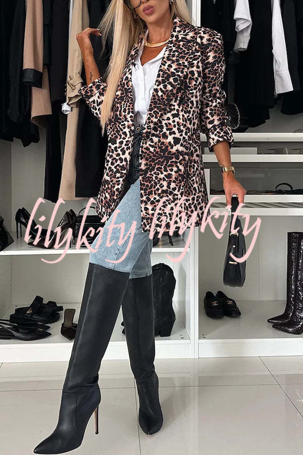 Choose Unique Leopard Print Lapel Long Sleeve Relaxed Blazer