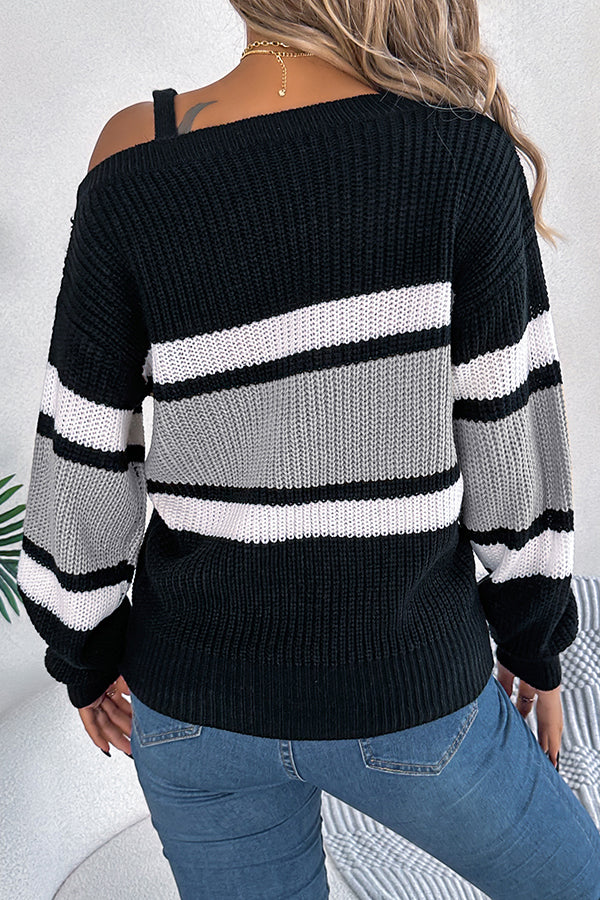 Striped Contrasting Metal Buckle Loose Long-sleeved Knitted Sweater