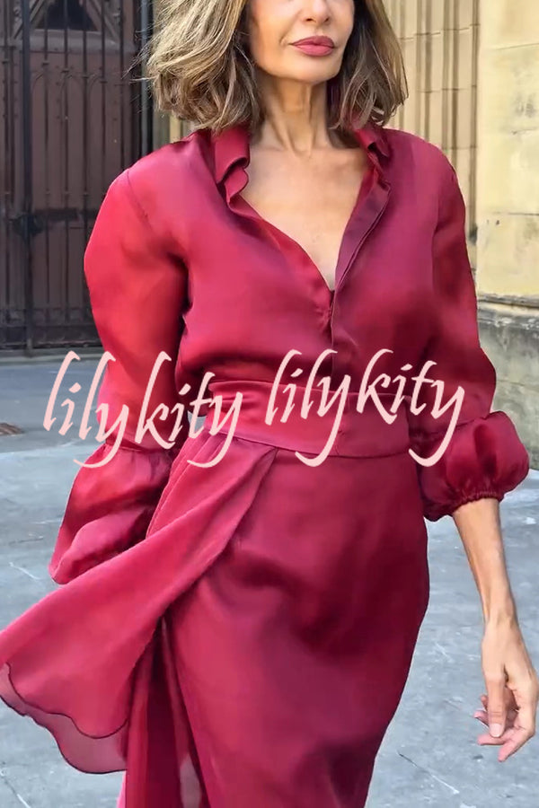 Lily Chiffon Bow Detail Puff Sleeve Blouse and Elegant Layered Maxi Skirt Set