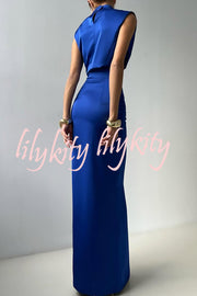 Solid Color Casual Sleeveless Crop Top and Elegant Button-down Maxi Skirt Set