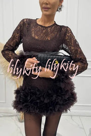 Alyssa Lace Fabric Tulle Layered Petals Trim Long Sleeve Mini Dress