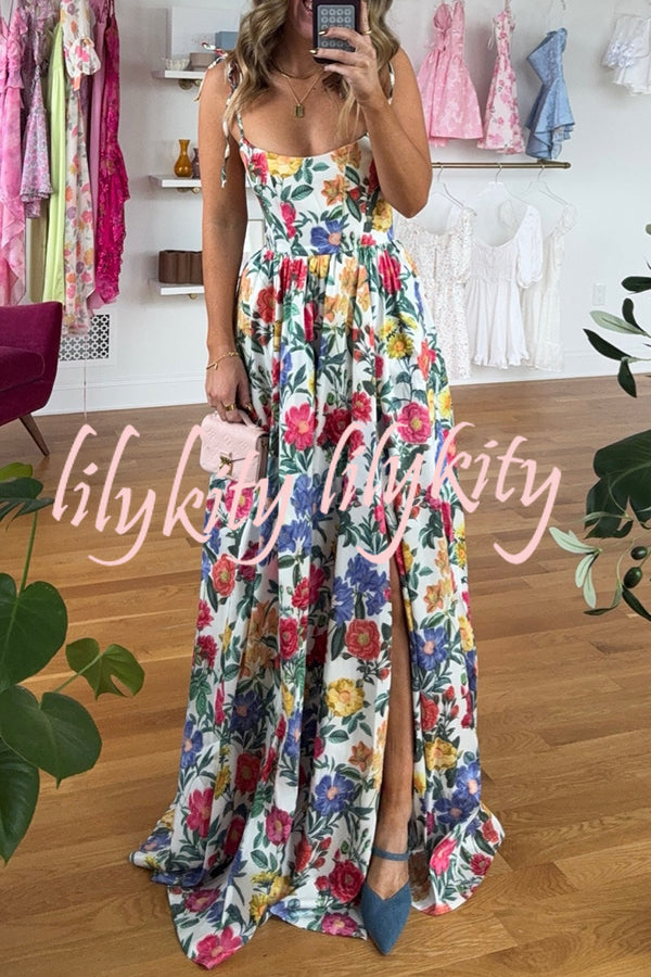 Garden Wedding Floral Print Back Tie-up Pocketed Slit Maxi Dress