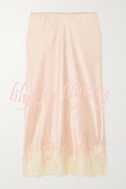 Celebration Look Contrast Color Satin Lace Trim Elastic Waist Drape Midi Skirt
