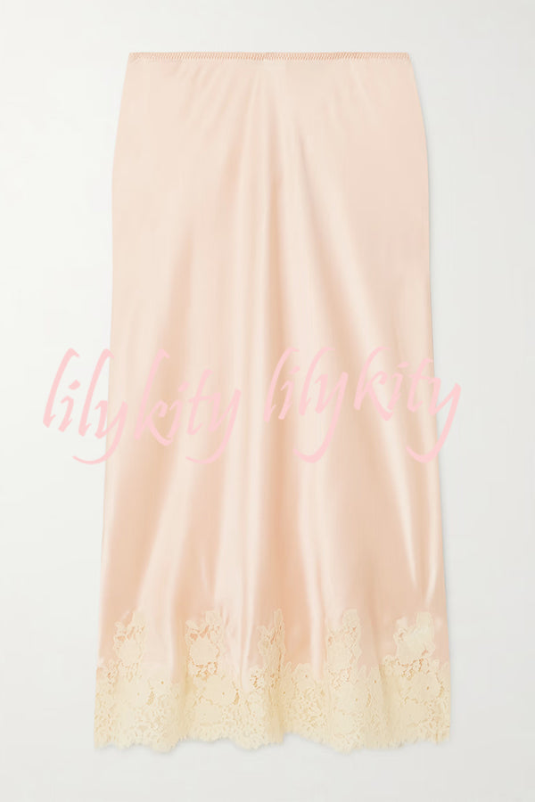 Celebration Look Contrast Color Satin Lace Trim Elastic Waist Drape Midi Skirt