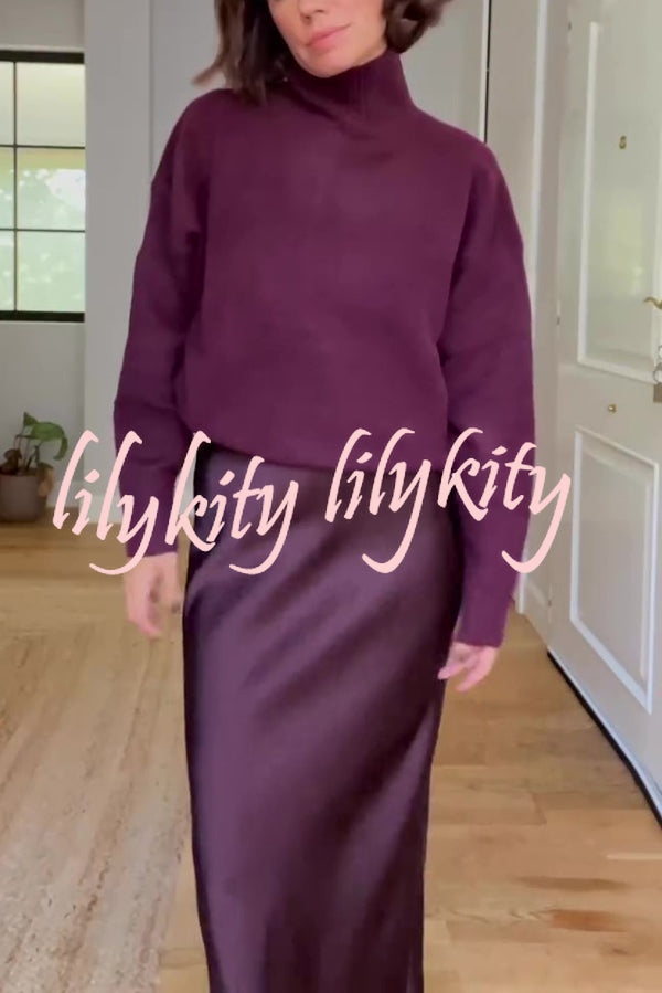 Jaelyn Solid Color Turtleneck Long Sleeve Sweater and Satin Elastic Waist Maxi Skirt Set