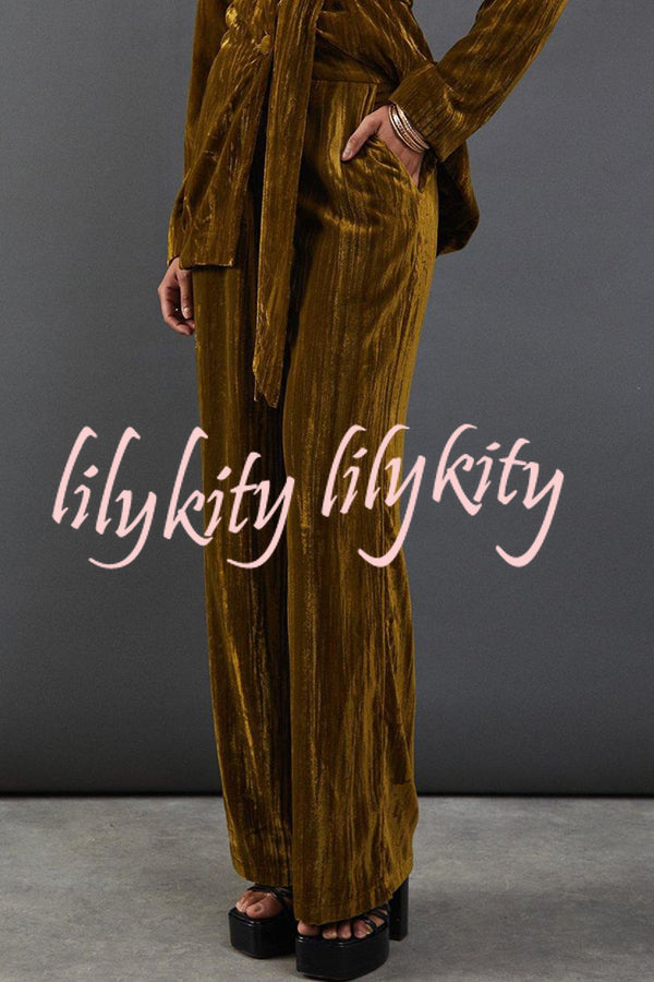 Solid Color Velvet Long-sleeved Waist Tie Top and Elastic Waist Casual Pocket Straight-leg Pants Set