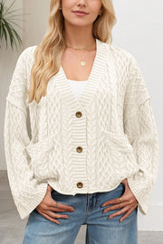 Solid Color Loose V-neck Long-sleeved Casual Pocket Knitted Cardigan