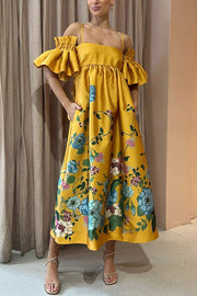 Sweetest Marigold Printed Gathered Sleeve Pocketed A-line Midi Dress