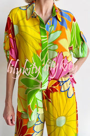 Colorful Flowersl Print Short-sleeved Loose Shirt and Elastic Waist Pocket Pants Set