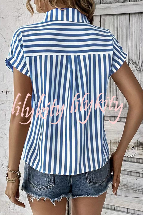 Striped Print Short Sleeve Pocket Shirt Top