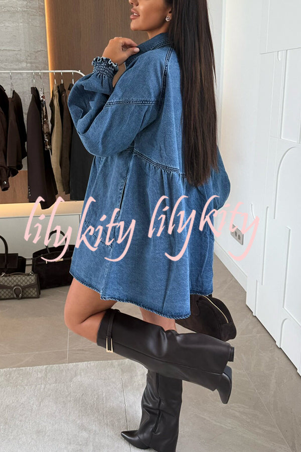 Fashion Heart Button Long Sleeve Casual Pocket Denim Mini Dress