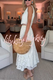 Nice Try Embroidered Crochet Lace Tassle Trim Elastic Waist Midi Skirt