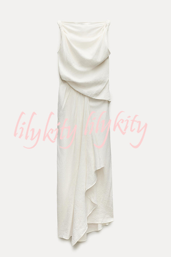 Sculptural Effect Linen Blend Twisted Shoulder Strap Drape Maxi Dress