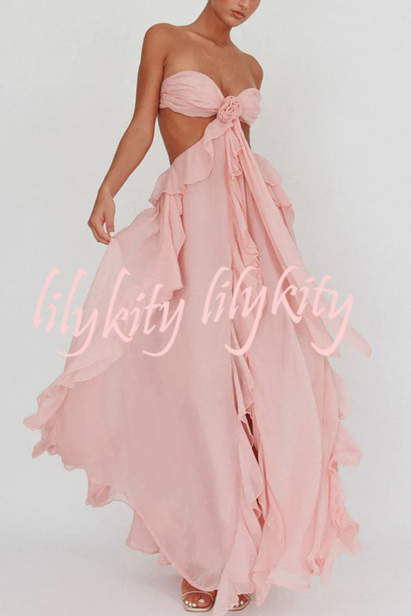Gorgeous Vacation Halter Rose Detail Cut Out Ruffles Backless Maxi Dress