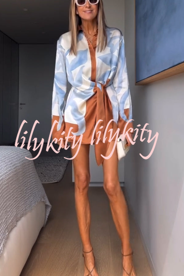 Lake Days Satin Colorblock Unique Print Tie-up Shirt Mini Dress