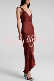 Sexy Lace Stitching Suspender V-neck Asymmetrical Maxi Dress