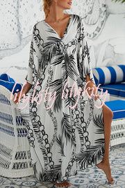 Simple Unique Printed Pleated Front Slit Cover Up