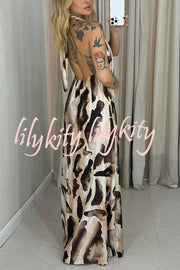 Leopard Print Sexy Halter Neck Backless Loose Maxi Dress