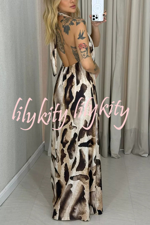 Leopard Print Sexy Halter Neck Backless Loose Maxi Dress