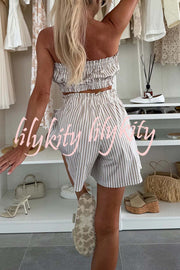 Zoie Striped Stretch Bandeau + Elastic Waist Pocket Shorts + Oversized Blouse 3 Pieces Set